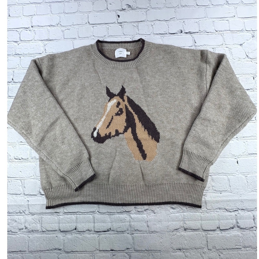 Luna Ivy Horse Intarsia Sweater Womens Small Beige Excellent Equestrian Knit
